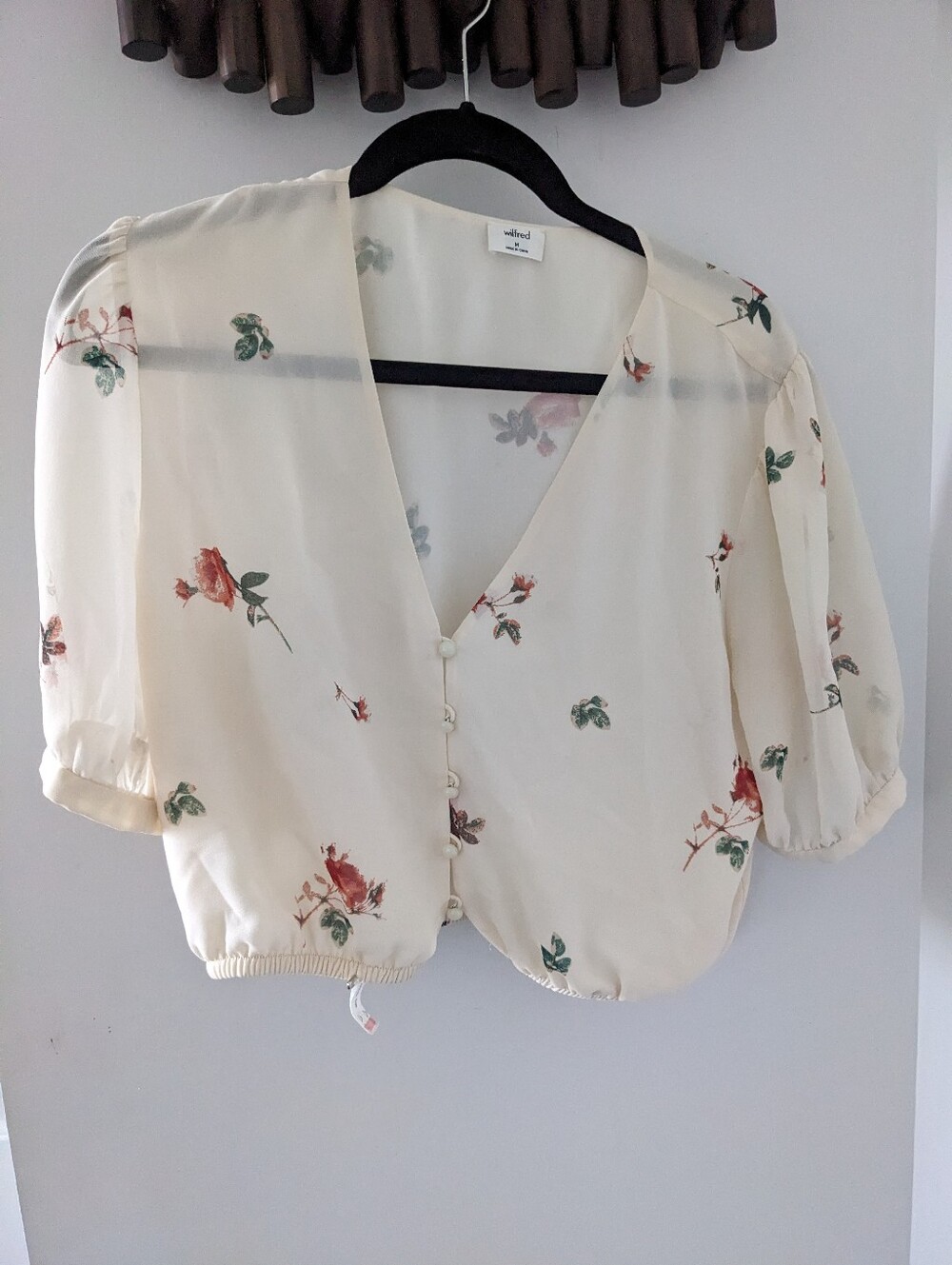 Aritzia Wilfred Women's Beige Floral V-Neck Sheer Blouse - Size US M